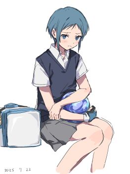 Rule 34 | 1girl, 2025, bag, ball, black vest, blue eyes, blue hair, bowling ball, bowling glove, collared shirt, gloves, godai rina, grey skirt, highres, looking at viewer, partially fingerless gloves, pleated skirt, shirt, short hair, shoulder bag, simple background, single glove, skirt, takatisakana, turkey! (series), undershirt, vest, white background, white shirt