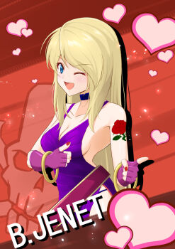 Rule 34 | 1girl, arm tattoo, b. jenet, belt, blonde hair, blue eyes, bracelet, breasts, choker, cleavage, collarbone, dress, fatal fury, fatal fury: city of the wolves, fingerless gloves, garou: mark of the wolves, gloves, gold bracelet, long hair, nail polish, one eye closed, open mouth, pointing, purple dress, rose tattoo, sideboob, smile, snk, solo, tattoo, the king of fighters