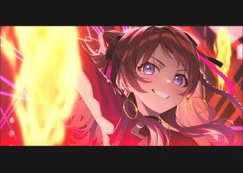 1girl blush braid earrings fighting_my_way_(idolmaster) fire gakuen_idolmaster hair_bun hair_ribbon hanami_saki highres hoop_earrings idolmaster jewelry letterboxed long_hair long_sleeves looking_at_viewer nyum purple_eyes red_hair ribbon signature solo sweat teeth two_side_up