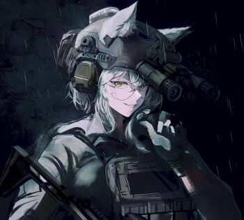 1girl animal_ear_fluff animal_ears arktic bulletproof_vest cat_ears clenched_teeth combat_helmet commentary ear_protection ears_through_headwear english_commentary glasses gloves green_eyes green_gloves gun helmet highres holding holding_gun holding_weapon looking_at_viewer medium_hair microphone night_vision_device original rain rifle smile solo tactical_clothes teeth weapon white_hair