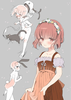 1girl animal animal_ears bikini blush bottomless brown_eyes brown_hair cat closed_mouth convenient_censoring dirndl dress fake_animal_ears fake_tail fujii_rino german_clothes grey_background hat head_wreath highres kantai_collection multiple_views open_mouth playboy_bunny rabbit_ears rabbit_tail sailor_bikini sailor_collar sandals short_hair simple_background swimsuit tail z3_max_schultz_(kancolle) z3_max_schultz_(swimsuit)_(kancolle)