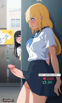 2girls animated animated_gif black_hair black_skirt blonde_hair blush bouncing_penis commentary dragonbreath english_commentary erection futanari highres large_penis long_hair looping_animation multiple_girls original outdoors peeking_out penis penis_out pleated_skirt precum school_uniform serafuku shirt short_sleeves skirt testicles uncensored white_shirt