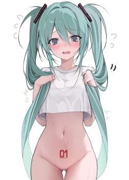 1girl @_@ aqua_eyes aqua_hair blush breasts cowboy_shot crop_top crop_top_overhang cropped_shirt embarrassed flying_sweatdrops hair_between_eyes hatsune_miku highres holding holding_own_hair ixopod long_hair navel no_panties no_pussy open_mouth pubic shirt short_sleeves simple_background small_breasts solo sweat tattoo twintails very_long_hair vocaloid watermark white_background white_shirt