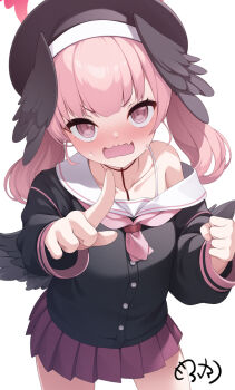 1girl beret black_cardigan black_hat black_shirt black_wings blue_archive blush cardigan collarbone commentary_request cowboy_shot hat head_wings highres koharu_(blue_archive) long_hair long_sleeves looking_at_viewer mini_wings miniskirt mofu_namako neckerchief nose_blush open_mouth pink_eyes pink_hair pink_neckerchief pleated_skirt pointing pointing_at_viewer purple_skirt sailor_collar school_uniform serafuku shirt short_eyebrows simple_background single_bare_shoulder single_off_shoulder skirt solo standing sweat twintails v-shaped_eyebrows wavy_mouth white_background white_sailor_collar wings