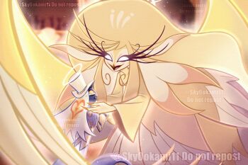 1boy 1girl absurdly_long_hair beak bird_girl blonde_hair dress feathers furry furry_female hazbin_hotel hellaverse highres long_eyelashes long_hair looking_down sir_pentious_(angel) skyookami11art speaker_of_god_(hazbin_hotel) tall_female very_long_hair yellow_dress yellow_feathers