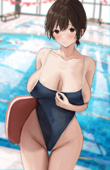 1girl absurdres areola_slip arm_at_side armpit_crease aruhi_(pyxk7325) bare_arms bare_hips bare_shoulders bench blue_one-piece_swimsuit blurry blurry_background blush breasts brown_eyes brown_hair cleavage_reach closed_mouth collarbone commentary_request covered_erect_nipples covered_navel cowboy_shot day depth_of_field dot_nose double-parted_bangs dutch_angle groin hair_between_eyes hand_on_own_chest highleg highleg_one-piece_swimsuit highres holding holding_surfboard huge_breasts indoors long_bangs looking_at_viewer low_neckline one-piece_swimsuit original pool poolside raised_inner_eyebrows short_hair skindentation solo spaghetti_strap standing straight-on sunlight super_highleg surfboard swimsuit thigh_gap thighs water white_trim window