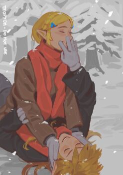 1boy 1girl absurdres artist_name bare_tree black_sweater blonde_hair blush braid brown_sweater closed_eyes coat cold commentary couple crown_braid day english_commentary english_text forest gloves hair_ornament hairclip hands_on_another&#039;s_arms hands_on_another&#039;s_cheeks hands_on_another&#039;s_face happy hetero highres jewelry link long_hair long_sleeves lying_on_person nature nintendo on_floor open_mouth outdoors pine_tree pointy_ears princess_zelda pyonteo red_scarf scarf short_hair smile snow snow_on_head snow_on_tree snowing sweater teeth the_legend_of_zelda the_legend_of_zelda:_tears_of_the_kingdom tree upper_body winter winter_clothes winter_coat