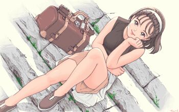 1990s_(style) 1girl archived_source arm_under_breasts artist_name bare_arms black_shirt border breasts brown_bag brown_eyes brown_hair brown_shoes brown_shorts clothes_around_waist commentary_request dithering dutch_angle fading_border floating_hair foot_out_of_frame footwear_request hairband head_rest knee_up lipstick looking_at_viewer makeup medium_breasts moss on_stairs original outdoors pc-98_(style) pink_lips pixel_art retro_artstyle sanpaku shirt shoes shorts signature sitting sitting_on_stairs sleeveless sleeveless_shirt smile solo stairs sweater sweater_around_waist teiku_(take) upturned_eyes white_background white_border white_hairband white_sweater