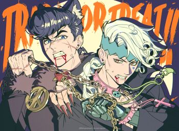 2boys animal_ear_fluff animal_ears black_coat blood blood_from_mouth blue_eyes braid chain clenched_teeth coat collar commentary cross cross_necklace diamond_wa_kudakenai earrings english_commentary facial_scar fangs fingernails fishumarket halloween higashikata_josuke holding holding_chain jewelry jojo_no_kimyou_na_bouken kemonomimi_mode kishibe_rohan latin_cross long_fingernails looking_at_viewer male_focus mechanical_arms medium_hair multiple_boys necklace pink_collar pompadour red_nails scar scar_on_cheek scar_on_face scar_on_hand sharp_fingernails short_hair single_mechanical_arm spiked_collar spikes stud_earrings sweat swept_bangs teeth trick_or_treat upper_body white_hair yellow_eyes