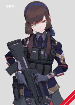 1girl assault_rifle black_gloves blue_dress blue_eyes blue_hairband blue_necktie blue_ribbon boushi-ya brown_hair bullpup commentary_request dress famas freckles french_flag gloves gradient_background grey_background gun hair_ribbon hairband handgun highres holding holding_weapon jacket kantai_collection looking_at_viewer mogador_(kancolle) mogador_kai_(kancolle) necktie ribbon rifle serious simple_background skirt solo weapon