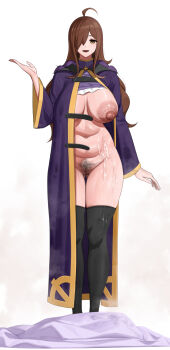 1girl ahoge arm_at_side bite_mark black_thighhighs breasts brown_hair commentary_request cross cum cum_on_body cum_on_legs cum_on_stomach female_pubic_hair full_body gluteal_fold hair_over_one_eye hand_up highres huge_breasts kono_subarashii_sekai_ni_shukufuku_wo! large_areolae latin_cross long_hair long_sleeves looking_at_viewer navel nipples no_bra no_panties open_clothes open_mouth open_robe pubic_hair purple_robe robe senju_(snz0) simple_background solo standing steaming_body stomach thighhighs time_stop white_background wiz_(konosuba) yellow_eyes