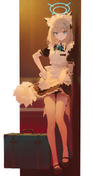 absurdres alternate_costume animal_ear_fluff animal_ears apron black_dress blue_archive blue_eyes border closed_mouth commentary cross cross_hair_ornament dress grey_hair hair_ornament hand_on_own_hip highres indoors inverted_cross maid maid_apron maid_headdress medium_hair modare outside_border pillarboxed shiroko_(blue_archive) thighhighs white_apron white_border white_thighhighs wolf_ears wolf_girl