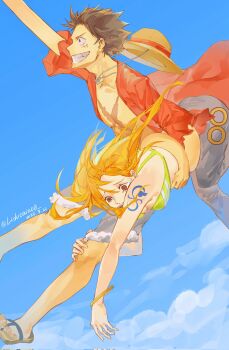 1boy 1girl arm_around_waist arm_up bangle bare_shoulders bikini bikini_top_only black_hair blue_pants blue_shorts blue_sky bracelet brown_eyes carrying carrying_person cloud cloudy_sky commentary_request dated denim devil_fruit_power elasticity facial_scar feet_out_of_frame from_side green_bikini grin hat highres jeans jewelry lidocaine0 long_hair monkey_d._luffy nami_(one_piece) nami_(one_piece)_(return_to_sabaody) one_piece open_clothes open_shirt orange_hair outdoors pants red_shirt sandals scar scar_on_cheek scar_on_chest scar_on_face shirt shorts shoulder_tattoo sky smile straw_hat extendable_limbs swimsuit tattoo tears twitter_username unworn_hat unworn_headwear