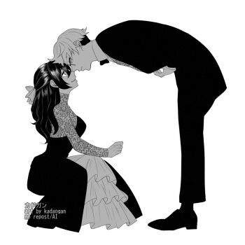 1boy 1girl artist_name black_dress black_jacket black_pants commentary dress english_commentary forehead-to-forehead formal_clothes full_body glasses greyscale heads_together hetero jacket kadaogan land_(sousou_no_frieren) long_hair long_sleeves looking_at_another monochrome pants short_hair simple_background sousou_no_frieren ubel_(sousou_no_frieren) watermark white_background