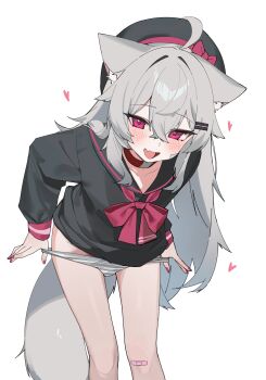 1girl :d absurdres ahoge animal_ear_fluff animal_ears bandaid bandaid_on_knee bandaid_on_leg beret black_hat black_sailor_collar black_shirt blush bow bowtie collarbone commentary fang feet_out_of_frame fenrir_(fenriluuu) fingernails grey_hair grey_panties hair_ornament hairclip hat heart highres leaning_forward long_hair long_sleeves looking_at_viewer nail_polish no_pants open_mouth original panties panty_pull parallel_hairclips pink_bow pink_bowtie pink_eyes pink_nails puffy_long_sleeves puffy_sleeves pulling_own_clothes rir-chan sailor_collar sailor_shirt shirt simple_background skin_fang smile solo standing striped_clothes striped_panties tail underwear untranslatable_commentary white_background wolf_ears wolf_girl wolf_tail