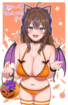 1girl ahoge animal_ear_headphones animal_ears armpit_crease bare_shoulders basket bat_wings belt_buckle bikini black_choker blue_hair braid breasts brown_hair buckle candy cat_ear_headphones cat_ears chain choker cleavage collarbone commentary_request commission cowboy_shot cuffs fake_animal_ears food grey_eyes halloween_bucket halterneck handcuffs headphones highres holding holding_basket lace lace-trimmed_bikini lace_trim large_breasts long_hair looking_at_viewer multicolored_hair navel open_mouth orange_bikini original skeb_commission skindentation smile solo stomach streaked_hair string_bikini striped_clothes striped_thighhighs surippa1010 swimsuit thigh_gap thighhighs thighs vrchat wings