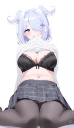 Rule 34 | 1girl, black bra, black pantyhose, black skirt, blue eyes, blue hair, blush, bra, breasts, cleavage, clothes lift, commentary, deyui, elira pendora, hair over one eye, head wings, highres, large breasts, long sleeves, looking at viewer, mouth hold, navel, nijisanji, nijisanji en, one eye covered, pantyhose, plaid, plaid skirt, ribbed sweater, short hair, sitting, skirt, solo, stomach, sweater, sweater lift, symbol-only commentary, turtleneck, turtleneck sweater, underwear, virtual youtuber, wariza, white background, white sweater, wings