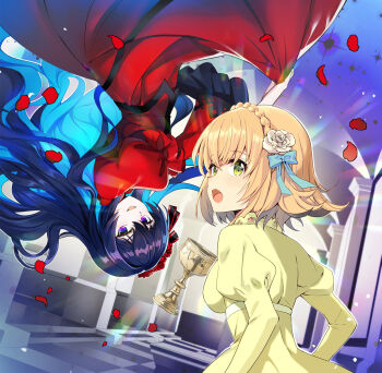 Rule 34 | 2girls, blonde hair, braid, constance grail, dress, eris no seihai, flower, green eyes, hair flower, hair ornament, highres, long hair, long sleeves, multiple girls, nyoro (nyoronyoro000), purple eyes, red dress, scarlet castiel