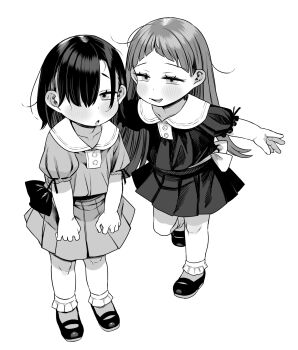 2girls :o bobby_socks child commentary_request dress_shirt full_body greyscale hair_over_one_eye highres kereno long_hair looking_at_viewer mary_janes medium_hair monochrome multiple_girls one_eye_covered open_mouth original outstretched_arms pleated_skirt puffy_short_sleeves puffy_sleeves shirt shoes short_sleeves skirt smile socks spread_arms standing standing_on_one_leg teeth upper_teeth_only white_shirt