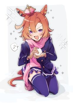 Rule 34 | 1girl, amano (amano miko), animal ears, blue coat, blush, brown gloves, buttons, coat, commentary request, crown, double-breasted, gloves, hair between eyes, highres, holding, holding snowball, horse ears, horse girl, horse tail, looking at viewer, mini crown, open mouth, orange hair, orange tail, pink crown, pink scarf, purple eyes, purple serafuku, purple skirt, purple thighhighs, scarf, school uniform, serafuku, short hair, skirt, smile, snowball, solo, t.m. opera o (umamusume), tail, thighhighs, tracen school uniform, tracen winter coat, umamusume, winter clothes, winter coat, winter uniform