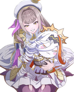 1girl baldr_(fire_emblem_heroes) character_doll doll donguri_(reji22) dress fire_emblem fire_emblem_heroes hair_ribbon hat highres holding holding_doll long_hair looking_at_viewer nintendo purple_ribbon ribbon sitting smile solo teeth vali_(fire_emblem) wariza white_background white_dress white_hat yellow_eyes