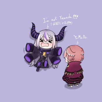 &gt;_&lt; 2girls afterimage black_dress black_shoes cape chibi closed_eyes commentary demon_horns dress english_text feathered_wings flailing fong_(fongthe0125) grey_hair head_wings highres hololive horns la+_darknesss la+_darknesss_(1st_costume) long_hair long_sleeves lying motion_blur multicolored_hair multiple_girls on_back pantyhose pink_hair pink_wings purple_background purple_cape purple_hair purple_pantyhose shoe_soles shoes simple_background sleeves_past_fingers sleeves_past_wrists standing streaked_hair takane_lui takane_lui_(1st_costume) translation_request very_long_hair virtual_youtuber wings