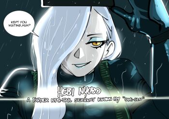 1girl armor black_gloves blue_lips clinickcase commentary english_commentary english_text fate/grand_order fate_(series) gloves hair_over_one_eye highres long_hair metal_gear_(series) metal_gear_solid_v:_the_phantom_pain mrs._snake_(fate) slit_pupils venom_snake white_hair yellow_eyes