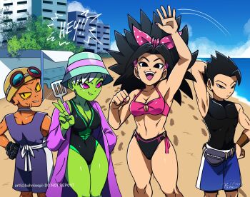 ! !! 2boys 2girls abs alternate_costume armpits arms_up bahnloopi bare_shoulders beach bikini black_eyes black_hair blue_sky breasts building cabba caulifla cheelai cleavage_cutout clothing_cutout colored_skin dragon_ball dragon_ball_super feet_out_of_frame footprints gloves goggles goggles_on_head green_skin hair_ornament happy hat highres jacket lemo_(dragon_ball) looking_at_viewer looking_back medium_breasts multiple_boys multiple_girls muscular muscular_female muscular_male no_humans ocean one-piece_swimsuit orange_skin pink_eyes pov ribbon salute sand serious shiny_skin shorts sky smile spatula swimsuit v waist_bag water white_hair wide_hips