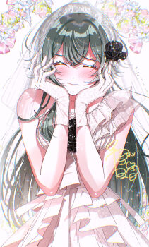 1girl blush bridal_veil closed_eyes closed_mouth commentary_request dress gakuen_idolmaster gloves goslingwallows green_hair hands_on_own_cheeks hands_on_own_face highres idolmaster long_hair signature sleeveless sleeveless_dress solo tsukimura_temari upper_body veil wedding_dress white_dress white_gloves