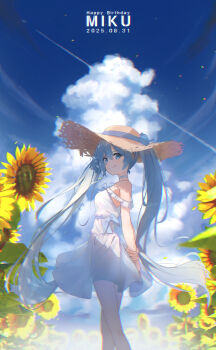 1girl 2025 absurdres arms_behind_back bare_arms bare_legs blue_eyes blue_hair blue_ribbon blue_sky brown_hat character_name closed_mouth cloud cumulonimbus_cloud dated day dress field flower flower_field hair_between_eyes happy_birthday hat hat_ribbon hatsune_miku highres long_hair outdoors ribbon see-through_clothes see-through_dress short_dress sky sleeveless sleeveless_dress smile solo straw_hat sunflower traum twintails very_long_hair vocaloid white_dress yellow_flower
