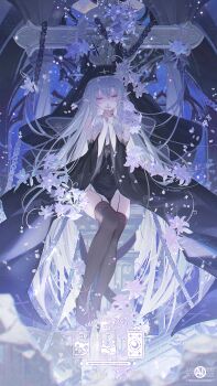 1girl black_dress black_thighhighs black_veil blush chain closed_eyes commentary commission cross dress flower full_body garter_straps highres holding holding_cross looking_at_viewer nun original own_hands_together pelvic_curtain solo symbol-only_commentary thighhighs umehara_sei veil white_hair wide_sleeves