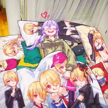 1girl :p baseball_cap brown_hair character_doll dakimakura_(object) doll drooling formal_clothes glasses hat heaven_burns_red highres implied_yuri izumi_yuki_(heaven_burns_red) kayamori_ruka necktie pajamas pillow purple_hair sail_678 saliva short_hair sleeping stuffed_toy suit swimsuit tongue tongue_out