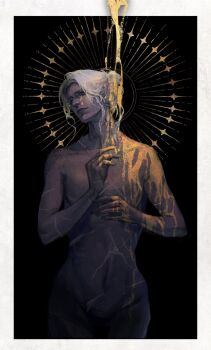 1girl baldur's_gate baldur's_gate_3 black_background border collarbone colored_skin completely_nude cowboy_shot dark_elf dungeons_&amp;_dragons elf goat_zip hair_bun halo halo_behind_head highres liquid minthara navel neck_tattoo nude outside_border pointy_ears purple_skin realistic scar scar_on_arm scar_on_chest scars_all_over short_hair simple_background single_hair_bun solo standing tattoo too_many white_border white_hair