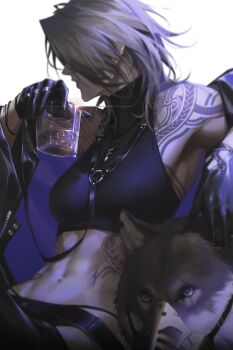 1girl animal belt black_gloves breasts cup drinking_glass from_side glass gloves grey_hair highres holding jewelry looking_to_the_side original path_to_nowhere reroi ring short_hair simple_background solo sports_bra tattoo vest white_background wine_glass wolf zoya_(path_to_nowhere)