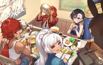 Rule 34 | 1boy, 4girls, :t, arm tattoo, asymmetrical bangs, bare arms, bare shoulders, black hair, blue eyes, blue shirt, blue shorts, blue sweater, blush, bowl, bread, breasts, chair, cherry tomato, chopsticks, cigarette pack, clipboard, closed eyes, cloud tattoo, commentary, commission, cropped sweater, cup, dress shirt, drinking from bowl, drinking glass, earrings, eating, elanin sikudar, english commentary, eyewear hang, faceless, faceless male, food, forte (crystalplanet00), fried egg, gold earrings, happy, highres, holding, holding bowl, holding clipboard, holding menu, holding pen, indoors, jewelry, kanami yano (uzumesguard), lighter, long hair, looking at another, medium breasts, menu, midriff, multiple girls, myria loussier (salverion), napkin, noodles, open clothes, open shirt, original, pen, picture frame, pink eyes, plaid clothes, plaid shirt, plate, ponytail, poster (object), ramen, red hair, red shirt, restaurant, ribbed sweater, salad, sandwich, shirt, shirt under shirt, short hair, short shorts, shorts, siriuflong, sitting, sleeveless, sleeveless sweater, sleeveless turtleneck, smile, sports bra peek, spring roll, striped clothes, striped shirt, sunglasses, sweater, table, tank top, tattoo, tomato, tomboy, turtleneck, turtleneck sweater, unworn eyewear, vertical-striped clothes, vertical-striped shirt, waiter, white hair, white shirt, white tank top