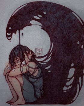 1girl bandages black_hair covering_own_ears crying depressed dress from_side grey_dress highres liquid long_hair messy_hair on_floor original qinni short_dress squatting traditional_media very_long_hair