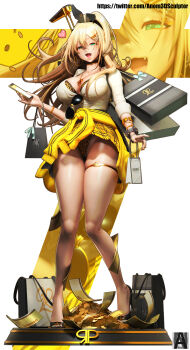 3d amesuku_gyaru animal_print anom3dsculptor bag bare_legs blender_(medium) blonde_hair bra bra_peek breasts clothes_around_waist coin eyewear_hang goddess_of_victory:_nikke gold_coin gold_nails green_eyes green_nails gyaru high_heels highres holding holding_phone jacket jacket_around_waist kogal large_breasts leopard_print long_hair open_mouth phone rupee_(nikke) shirt shopping_bag thigh_strap twitter_username underwear unworn_eyewear white_shirt zbrush_(medium)