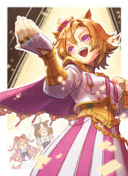 3girls agnes_digital_(umamusume) ahoge animal_ears armor blush bow bowtie breasts brown_hair cape closed_eyes commentary_request creape crown double-parted_bangs drooling ear_ribbon fingerless_gloves gloves glowstick gold_corset hair_between_eyes hair_bow hairband highres holding holding_glowstick horse_ears horse_girl horse_tail jewelry long_hair long_sleeves medium_breasts medium_hair meisho_doto_(umamusume) mini_crown mouth_drool multicolored_hair multiple_girls multiple_rings open_mouth orange_hair pink_cape pink_crown pink_hair pink_hairband pleated_skirt puffy_short_sleeves puffy_sleeves purple_bow purple_bowtie purple_eyes purple_shirt ring sailor_collar sailor_shirt school_uniform shirt short_hair short_sleeves shoulder_armor skirt smile spotlight t.m._opera_o_(o_sole_suo!)_(umamusume) t.m._opera_o_(umamusume) tail teeth tracen_school_uniform two-tone_hair two-tone_skirt umamusume upper_teeth_only white_gloves white_hair white_sailor_collar white_shirt white_skirt