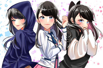 Rule 34 | 1girl, absurdres, aria arioso, black bow, black hair, blue eyes, blue jacket, blush, bnk48, bow, cherprang areekul, collared shirt, colored inner hair, commentary, hand up, highres, hood, hooded jacket, jacket, lipstick, long hair, long sleeves, makeup, multicolored hair, multiple views, necktie, parted bangs, pink hair, pink skirt, purple eyes, purple hair, shirt, skirt, smile, standing, white shirt, white sleeves