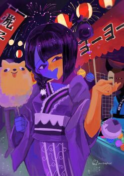 Rule 34 | 3girls, aerial fireworks, alternate costume, asymmetrical hair, black eyes, black hair, blue skin, blunt bangs, braid, colored skin, ena (ena), ena (series), ena (species), ena (web series), fireworks, floating head, hair bun, happy ena, highres, hourglass dog, japanese clothes, kimono, moony (ena), multicolored skin, multiple girls, obi, open mouth, sash, side braid, single braid, single hair bun, smile, split-color skin, the shepherd (ena), two-tone skin, usagimarumei, yellow skin