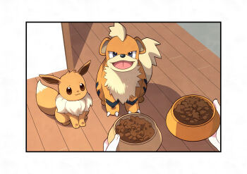 1other :3 :d absurdres blue_eyes border bowl brown_eyes brown_fur closed_mouth eevee gen_1_pokemon growlithe hashtag-only_commentary highres holding holding_bowl looking_at_viewer neck_fur nintendo open_mouth pet_bowl pokemon pokemon_(creature) pokemon_focus smile tongue white_border yamada_sakura