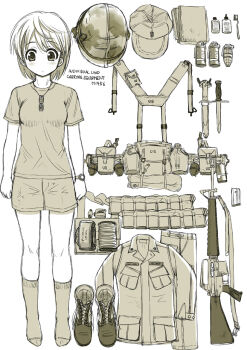 1girl anti-personnel_mine anti-personnel_weapon assault_rifle baseball_cap boots closed_mouth combat_helmet commentary_request dagger dog_tags ebifly english_text equipment_layout explosive female_focus flashback glue grenade greyscale gun hand_grenade hat helmet knife looking_at_viewer m16 m16a1 m18_claymore_mine m1_helmet military mine_(weapon) monochrome original pants rifle shirt short_hair short_shorts short_sleeves shorts simple_background socks solo standing watch weapon white_background wristwatch