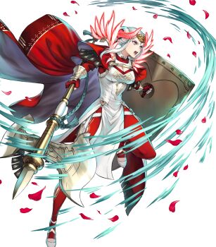 1girl attack axe battle_axe blue_eyes bodysuit cape crown dress edelgard_von_hresvelg edelgard_von_hresvelg_(adrestian_emperor) edelgard_von_hresvelg_(adrestian_emperor)_(resplendent) edelgard_von_hresvelg_(timeskip) fake_horns feather_trim fingerless_gloves fire_emblem fire_emblem:_three_houses fire_emblem_heroes gloves hair_rings highres holding holding_axe holding_shield horns insignia nintendo non-web_source official_alternate_costume official_art petals red_bodysuit red_cape red_gloves rose_petals running shield solo two-sided_cape two-sided_fabric weapon white_cape white_dress white_hair