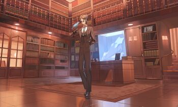 1boy absurdres animal animal_on_hand arm_behind_back bird bird_request black_jacket black_vest book book_stack bookshelf brown_hair brown_necktie built-in_aquarium carpet chest_bow collared_shirt desk full_body hand_up highres indoors jacket ma_someru male_focus necktie original photo_(object) railing reflective_floor scenery shirt short_hair smile solo stairs standing sunglasses tile_floor tiles vest wall_lamp white_shirt