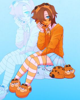 1other 2000s_(style) alternate_costume androgynous animal_ears blue_eyes blue_skirt brown_hair cat_ears cat_tail commentary cosplay english_commentary fake_animal_ears garfield garfield_(character) garfield_(character)_(cosplay) garfield_phone hair_over_one_eye hairband highres indie_virtual_youtuber orange_sweater other_focus phone ranboo ranboo_(r800) short_hair sitting skirt slippers solo striped_clothes striped_thighhighs sweater tail thighhighs viridiankit virtual_youtuber zoom_layer