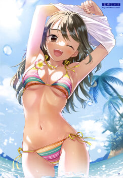 1girl :d ;d absurdres armpits arms_up artist_name bare_arms bikini blue_sky breasts brown_eyes brown_hair cleavage cloud cloudy_sky collarbone cowboy_shot day dengeki_moeoh full_cleavage gluteal_fold groin hair_between_eyes highres light_blush long_hair looking_at_viewer magazine_scan matsuzaki_miyuki medium_breasts multicolored_bikini navel one_eye_closed open_mouth original outdoors page_number palm_tree scan side-tie_bikini_bottom sideboob skindentation sky smile solo standing stomach sunlight swimsuit teeth third-party_source tree underboob undressing upper_teeth_only wading water water_drop wet