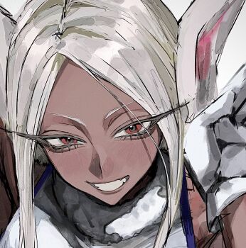 1girl animal_ears boku_no_hero_academia close-up dark-skinned_female dark_skin fur-trimmed_leotard fur_trim gloves grin highres leotard long_hair mauchi_(lilllox) mirko rabbit_ears red_eyes shirt smile solo superhero_costume teeth white_gloves white_leotard white_shirt