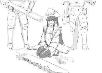 1girl bikini black_bikini black_hair black_thighhighs breasts chainsword commissar_(warhammer_40k) energy_gun hat laspistol looking_at_viewer military_hat military_uniform navel plasma_rifle seiza simple_background sitting small_breasts swimsuit t'au thighhighs warhammer_40k weapon white_background zzxx328232