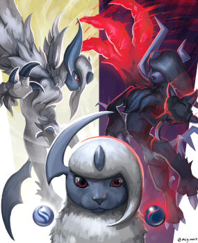absol absurdres artist_name bright_pupils claws commentary english_commentary fang feathered_wings gen_3_pokemon highres horns looking_at_viewer mcgmark mega_absol mega_absol_z mega_pokemon mega_stone nintendo no_humans open_mouth pokemon pokemon_(creature) pokemon_focus red_eyes single_horn single_wing smile white_pupils wings
