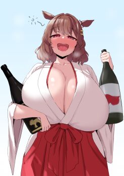 1girl absurdres alcohol alternate_breast_size_(larger) alternate_costume animal_ears blue_background blush bottle breasts brown_hair cleavage collarbone commentary_request cowboy_shot drooling drunk ear_ornament ear_scrunchie gigantic_breasts gradient_background hair_ornament hairclip hakama hakama_skirt hand_up highres holding holding_bottle horse_ears horse_girl huge_breasts japanese_clothes kosode light_hello_(umamusume) long_sleeves looking_at_viewer medium_hair miko noe_(ppppriver) open_mouth red_eyes red_hakama saliva skirt smile solo squeans umamusume wide_sleeves